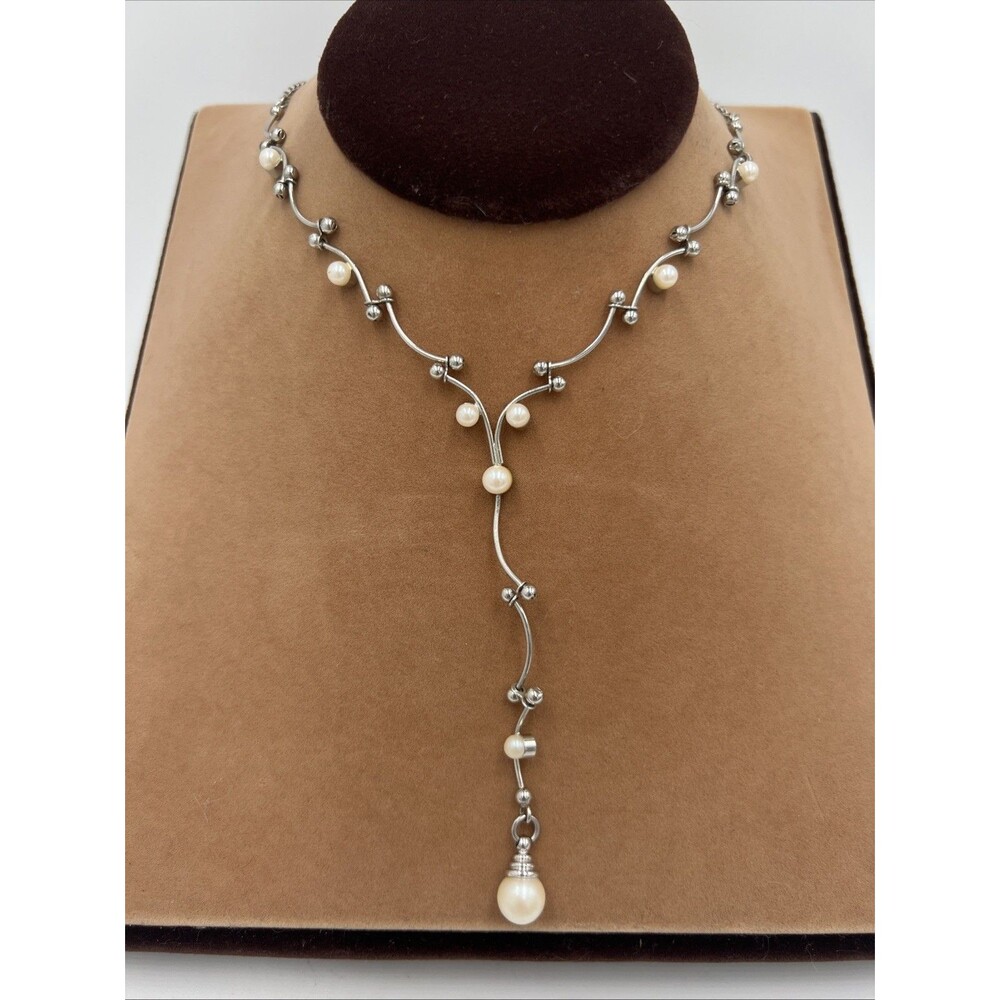 Park Lane Faux Pearl Dangle Silver Tone Necklace Delicate Vine Adjustable Y Drop